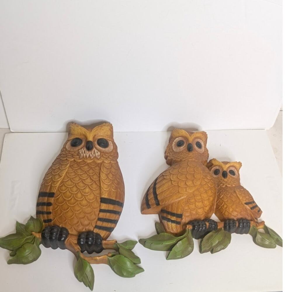 Vintage Homco 2 pc owls decorative wall hanging set boho